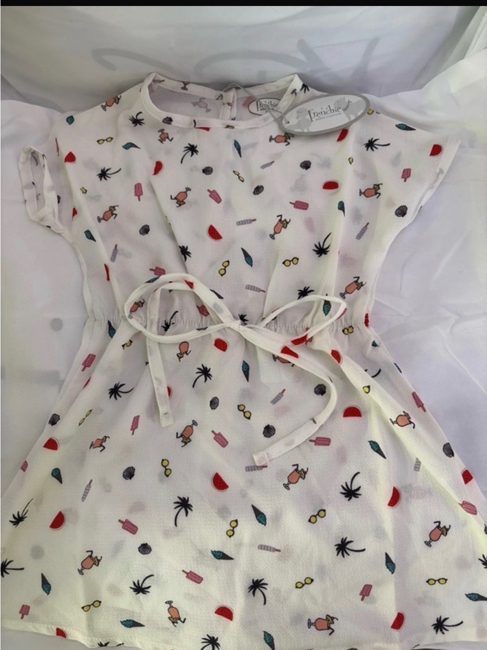 Frenchi White Kids Dress with Multi-Colored Beach Print